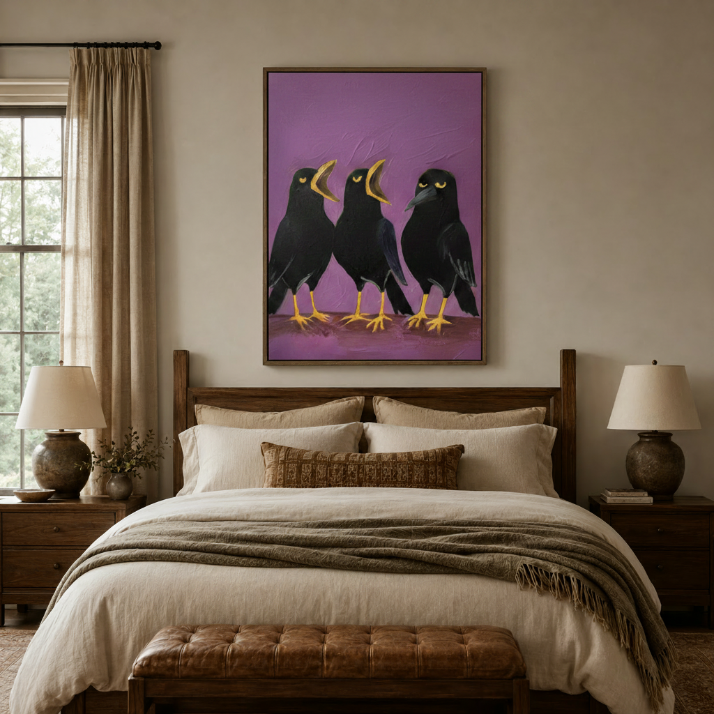 Expressive three crows painting in walnut floating frame displayed above linen bed in cozy bedroom