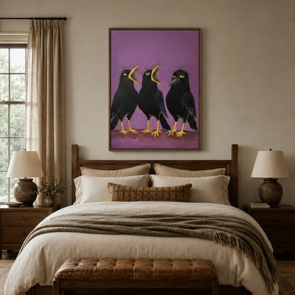 Expressive three crows painting in walnut floating frame displayed above linen bed in cozy bedroom