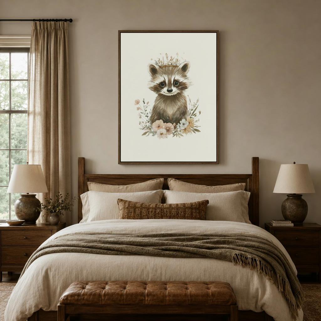 Whimsical raccoon with floral crown canvas print above a linen bed in a soft neutral bedroom