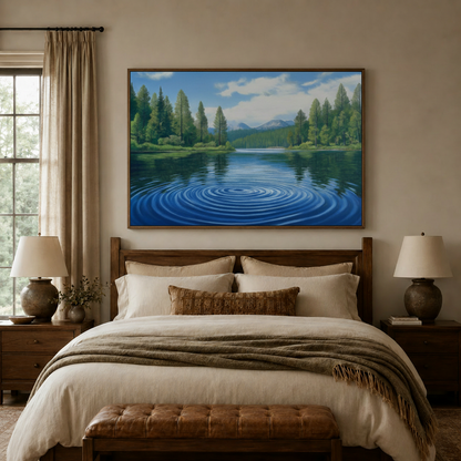 Serene lake and pine forest canvas centered above bed headboard in cozy bedroom setting