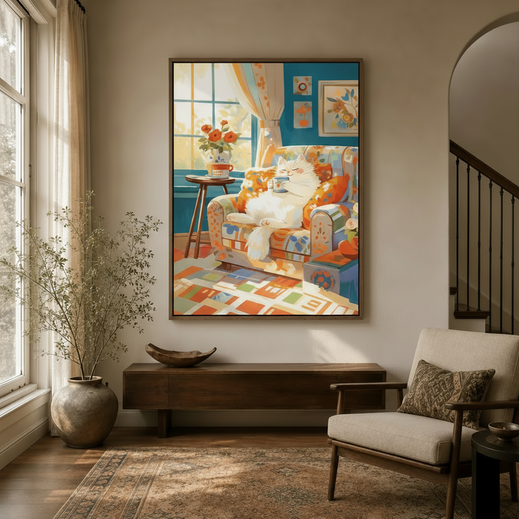 Framed cozy cat coffee illustration canvas hanging in warm entryway hallway with natural light