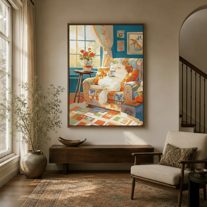 Framed cozy cat coffee illustration canvas hanging in warm entryway hallway with natural light