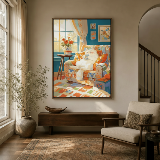 Framed cozy cat coffee illustration canvas hanging in warm entryway hallway with natural light