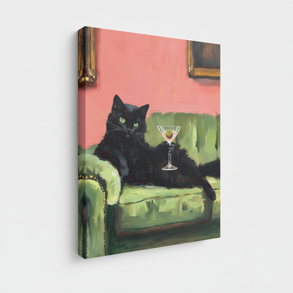 Gallery-wrapped black cat martini canvas art shown at angle revealing side wrap texture and depth