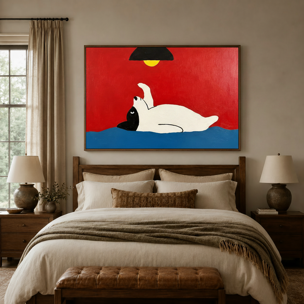 Minimalist dog pop art canvas above a wooden bed headboard in a warm neutral bedroom setting