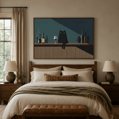 Funny black cat wine bar canvas wall art with thin float frame displayed above bed in warm bedroom