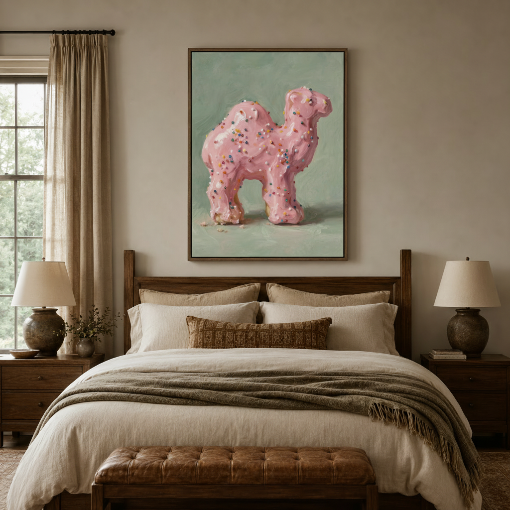 Pink sprinkle camel painting framed in walnut, styled above bed in neutral bedroom setting