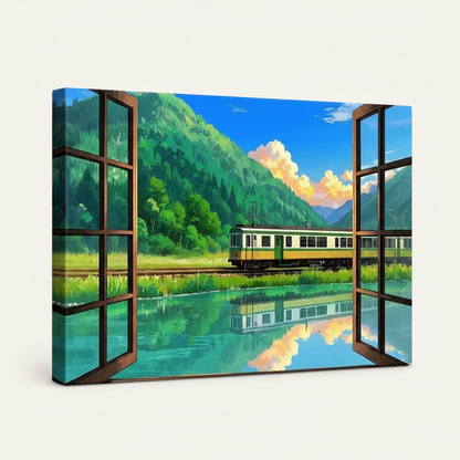 Gallery-wrapped anime landscape canvas showing Ghibli train scene, side angle showing canvas depth