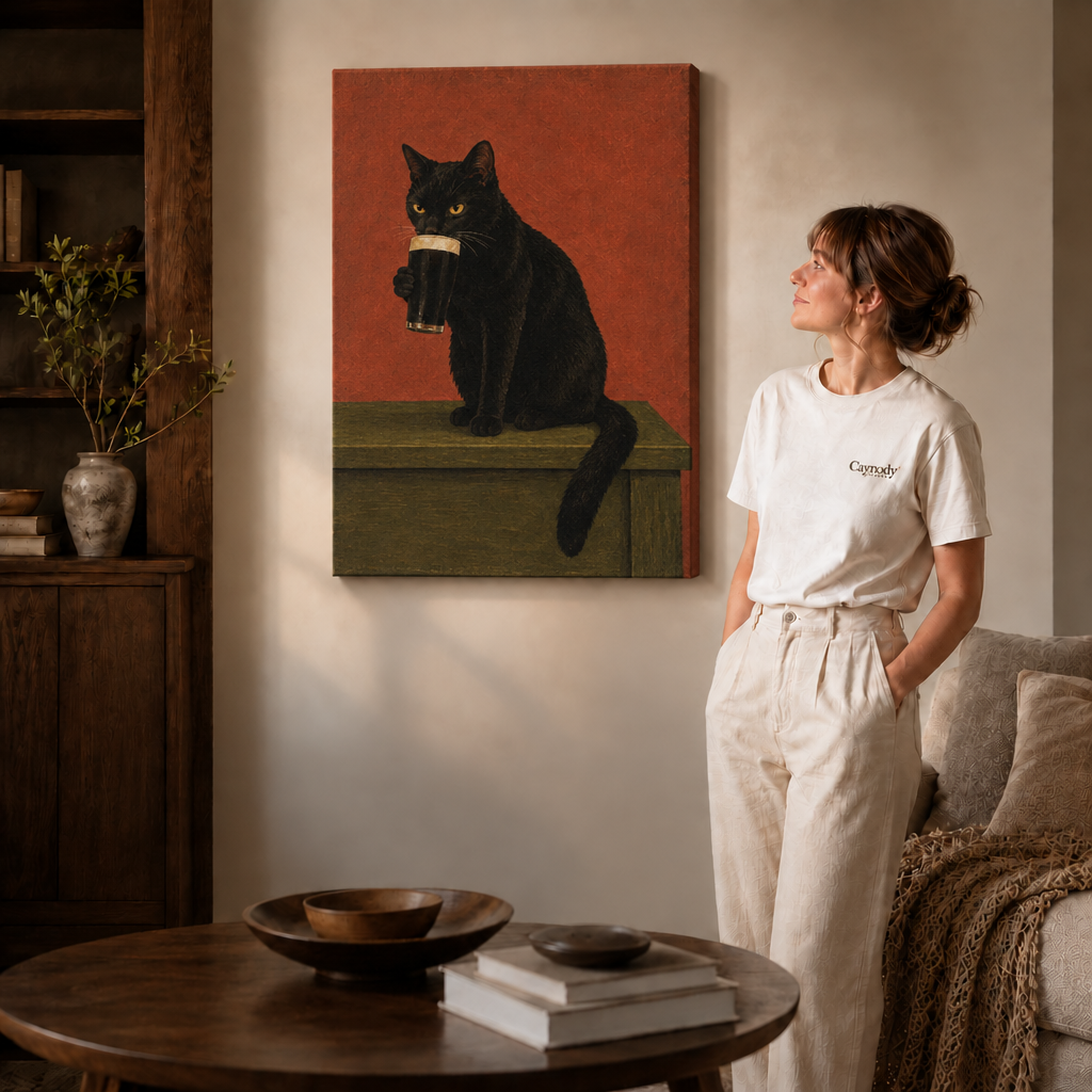 Frameless black cat coffee artwork styled beside a woman in a neutral interior