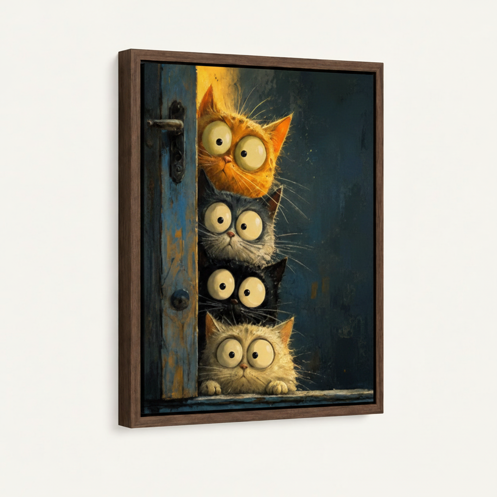 Framed funny cat peeking door canvas print in dark walnut float frame on soft off-white background