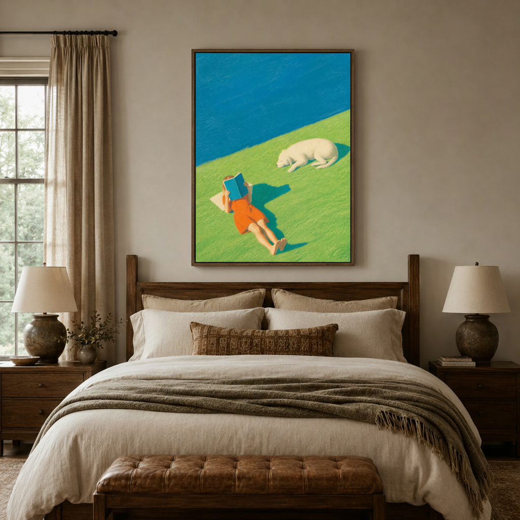 Colorful figurative wall art above a rustic wood bed in a cozy neutral-toned bedroom
