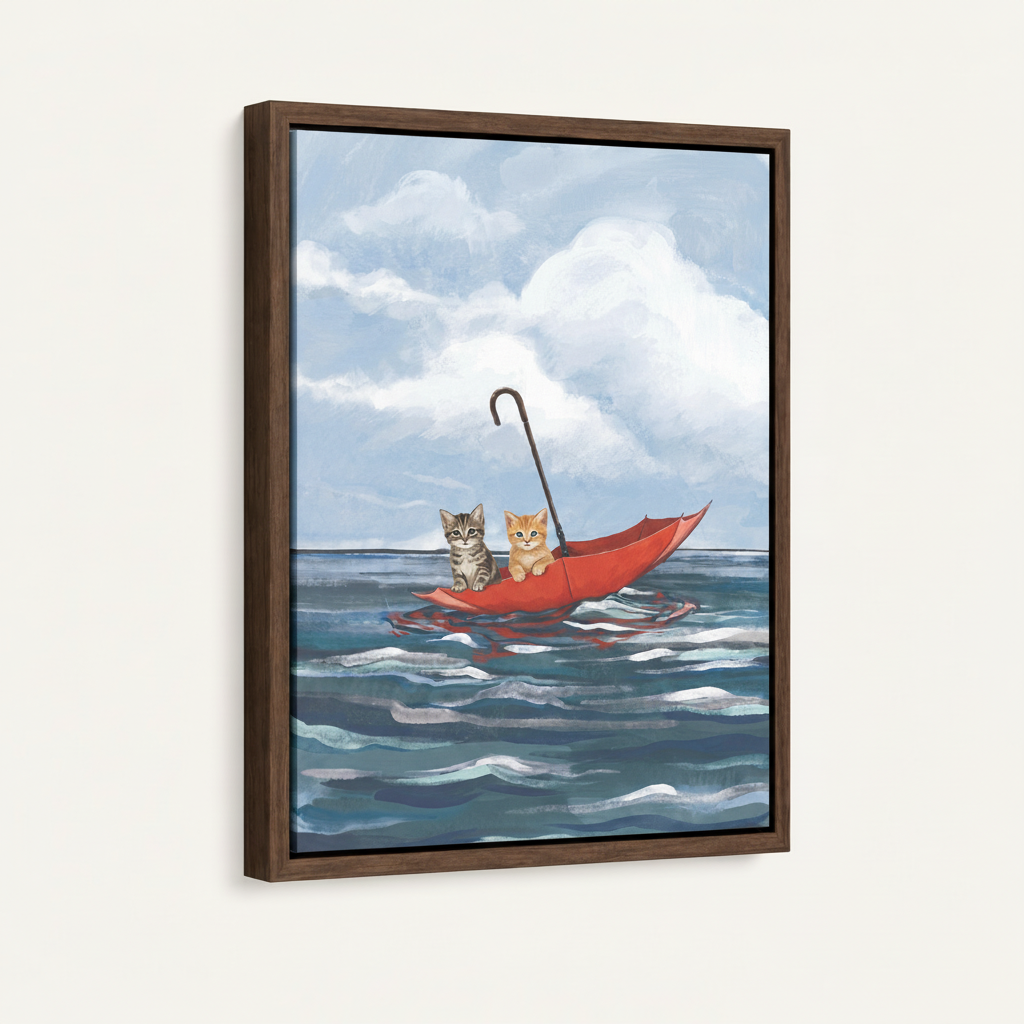 Whimsical kittens umbrella canvas in dark walnut float frame, 3/4 angle showing frame depth