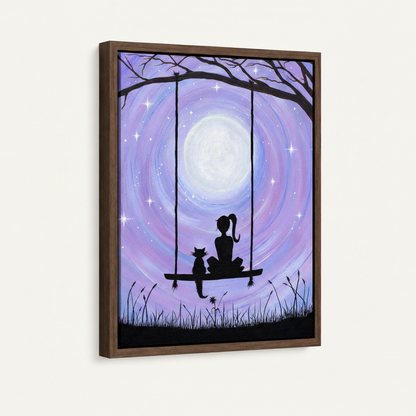 Framed dreamy moonlit swing silhouette canvas art dark walnut floating frame angled view