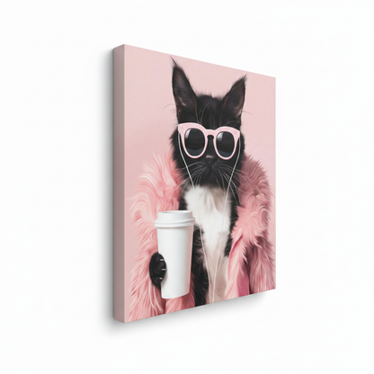 Gallery-wrapped fashionable pink cat canvas art shown at angle revealing side wrap depth and texture