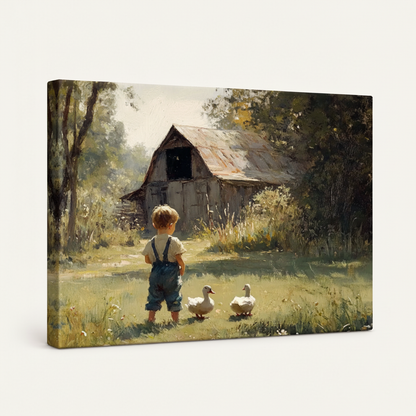 Gallery-wrapped boy and ducks farmhouse canvas, 3/4 angle showing warm green and golden summer tones on wrap edges