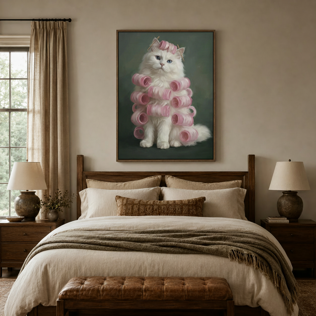 Classical funny cat portrait canvas above a wood bed frame in a warm, earthy bedroom setting