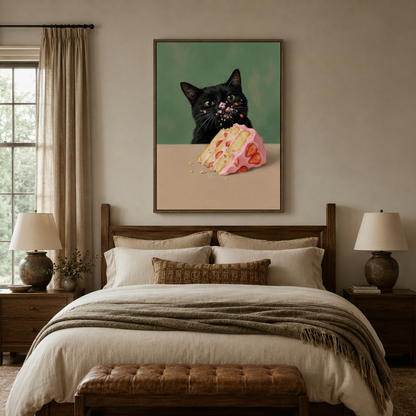 Black cat strawberry cake wall art canvas above bed in neutral bedroom with warm lighting