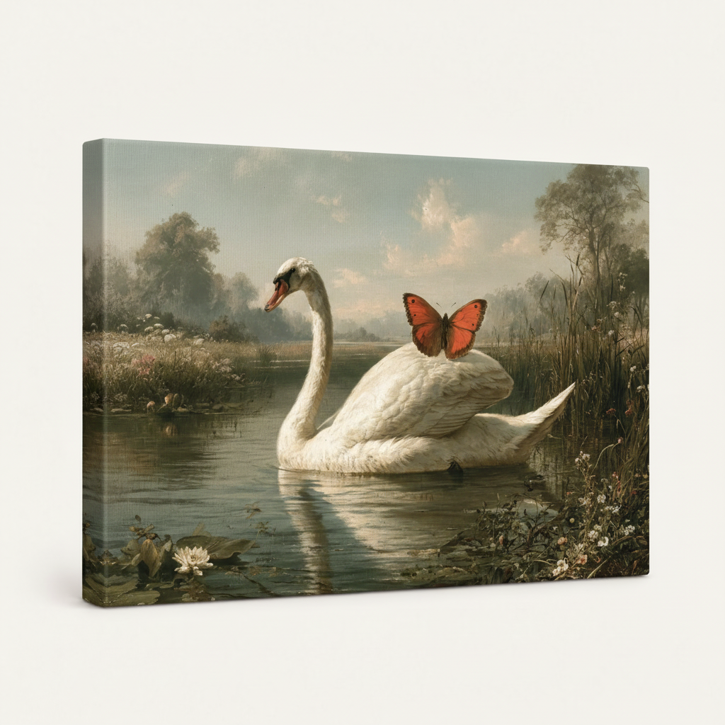 Gallery-wrapped swan butterfly lake classical canvas wall art with sage green wrap edges at left-angle view
