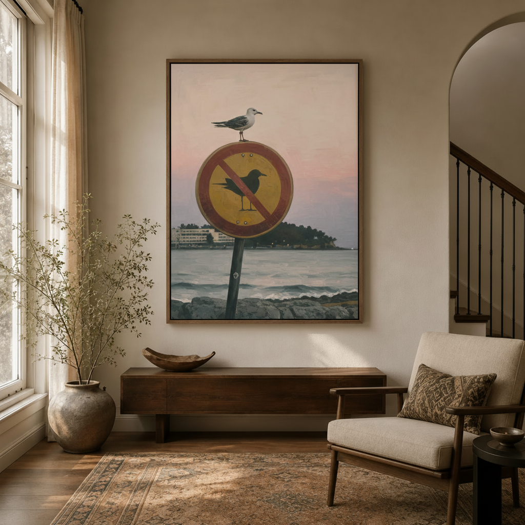 Seagull No Birds sign canvas art in entryway with dried branch vase and arched doorway