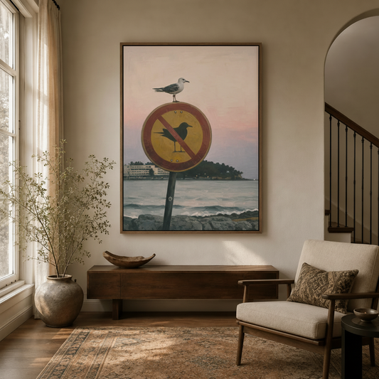 Seagull No Birds sign canvas art in entryway with dried branch vase and arched doorway