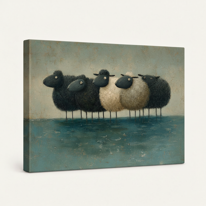 Gallery wrapped surreal sheep wading water impasto canvas side view muted teal earthy tones wrapping edges