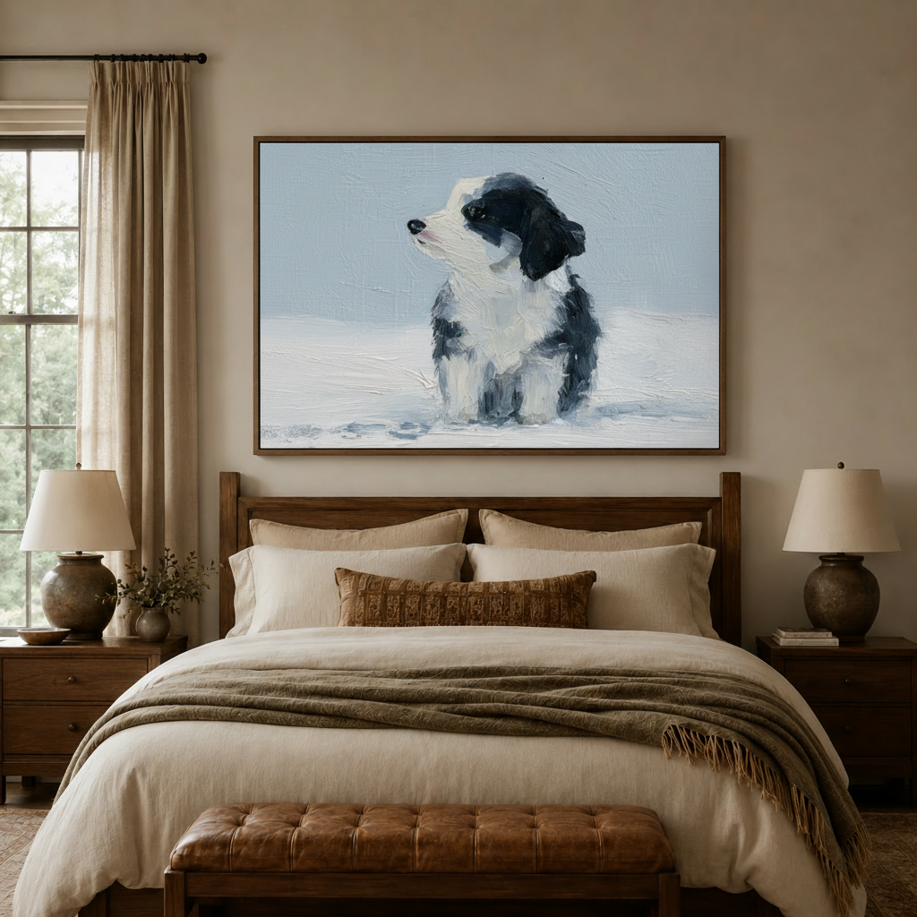 Black and white border collie canvas wall art in walnut frame above bed in calm neutral bedroom