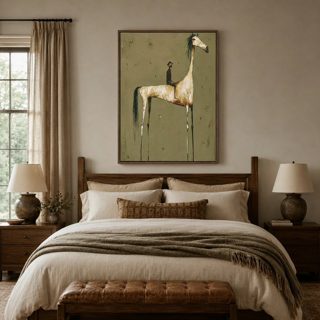 Bohemian folk art white horse painting on olive green displayed above a linen bed in a cozy bedroom