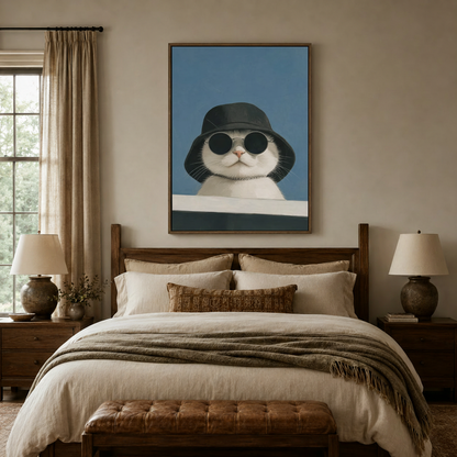 Funny cool cat sunglasses canvas wall art above linen headboard in cozy neutral bedroom