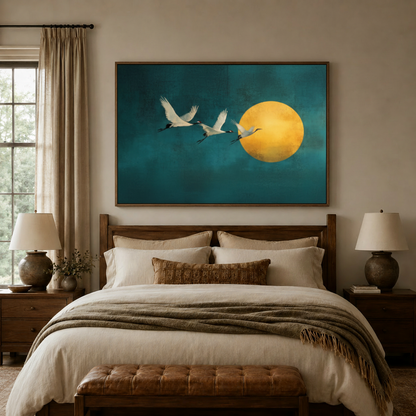 Wide horizontal crane moon canvas art centered above wooden bed headboard in cozy bedroom