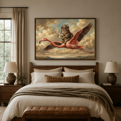 Funny surreal oil painting canvas with thin black float frame gap displayed above bed in warm bedroom