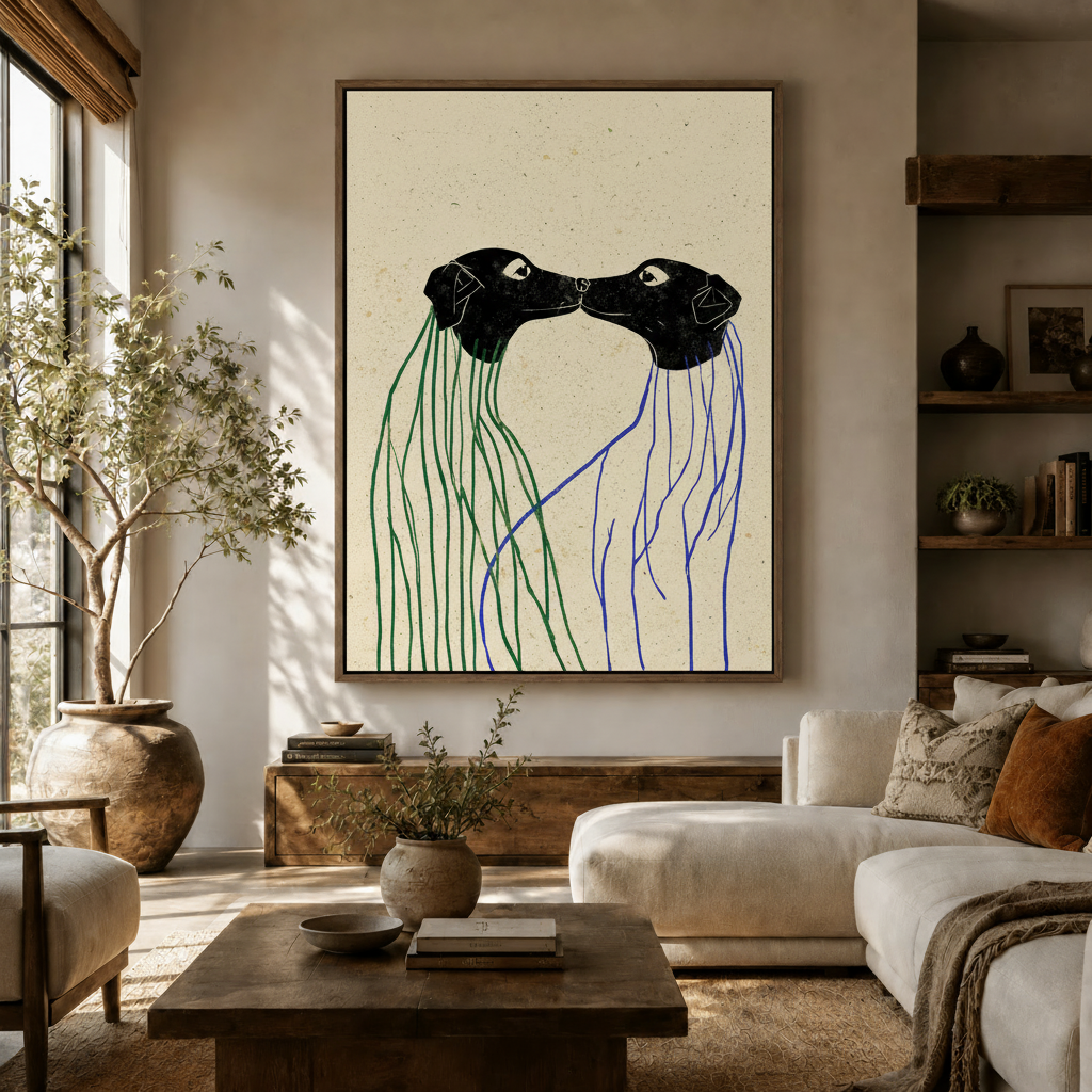  Oversized two dogs kissing canvas wall art hanging in a boho living room above a linen sofa