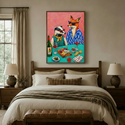 Bold whimsical animal canvas with impasto texture in walnut frame above bed in cozy bedroom