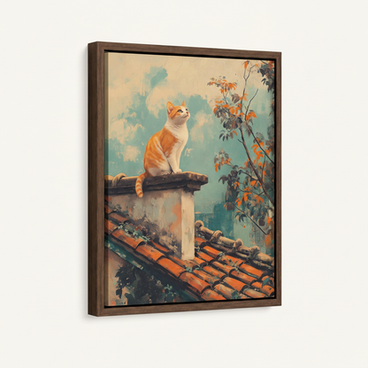 Framed vintage cat gazing sky wall art in dark walnut float frame, angled product view