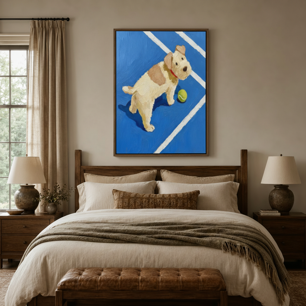 Playful dog tennis canvas hung above a walnut headboard in a cozy layered-linen bedroom