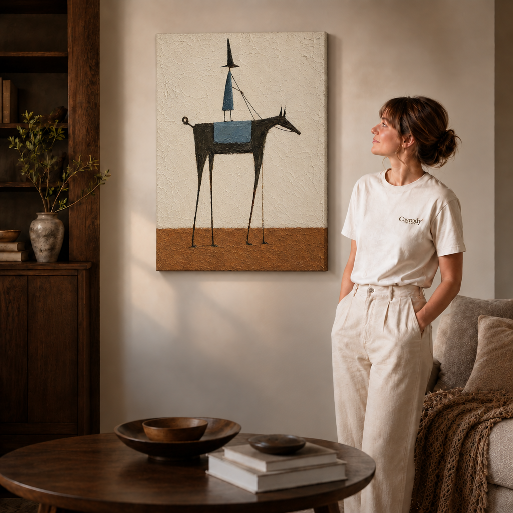 Whimsical horse canvas wall art above a coffee table beside a woman in a bright living room.