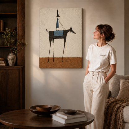Whimsical horse canvas wall art above a coffee table beside a woman in a bright living room.