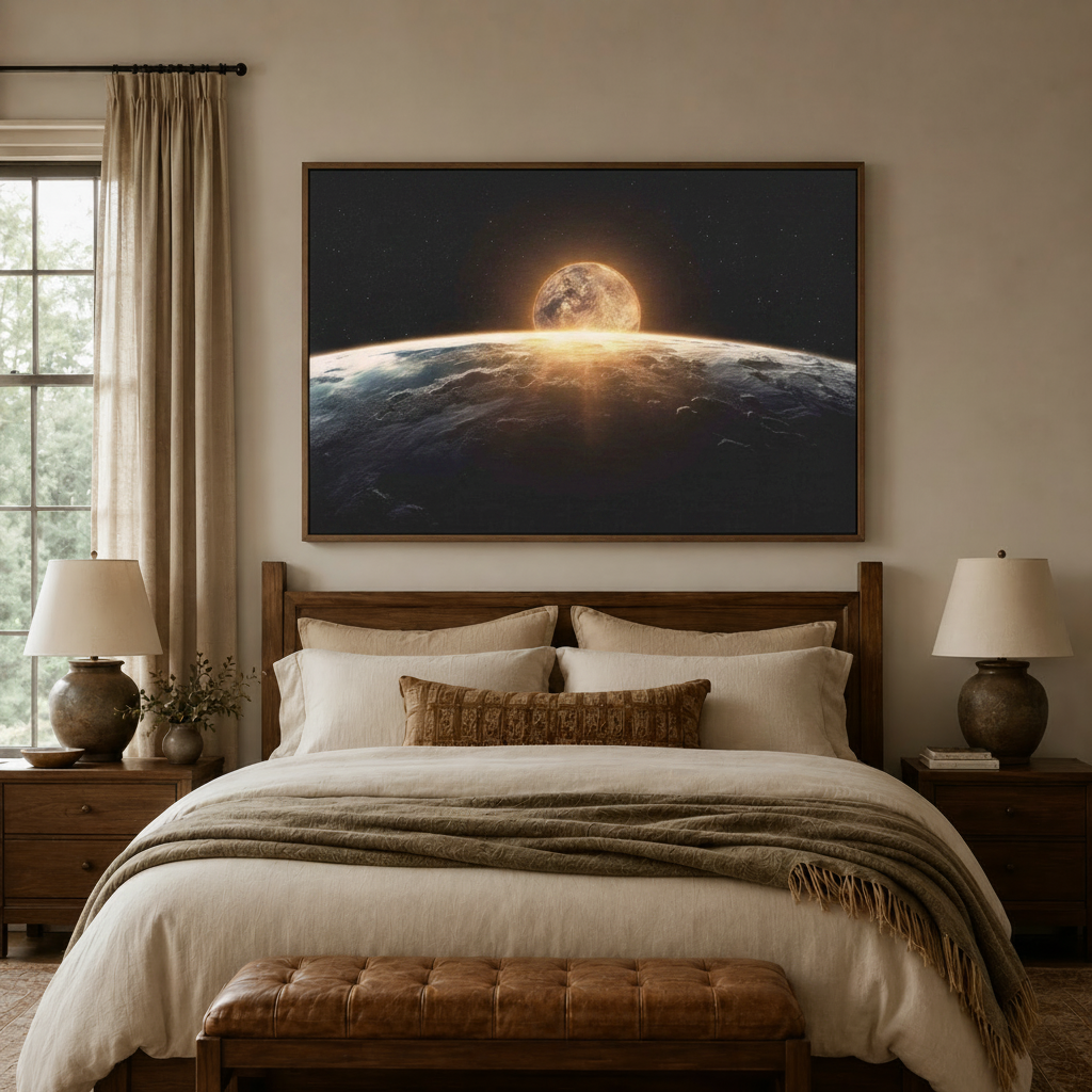 Cinematic planet rise canvas art centered above a bed in a cozy neutral bedroom with linen curtains and warm lighting