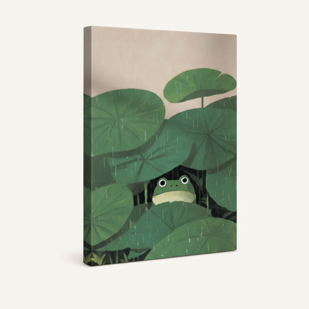 Gallery-wrapped frog lotus leaf minimalist canvas with wrap edges visible on white background