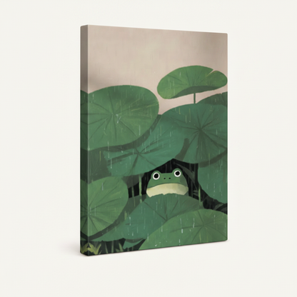 Gallery-wrapped frog lotus leaf minimalist canvas with wrap edges visible on white background