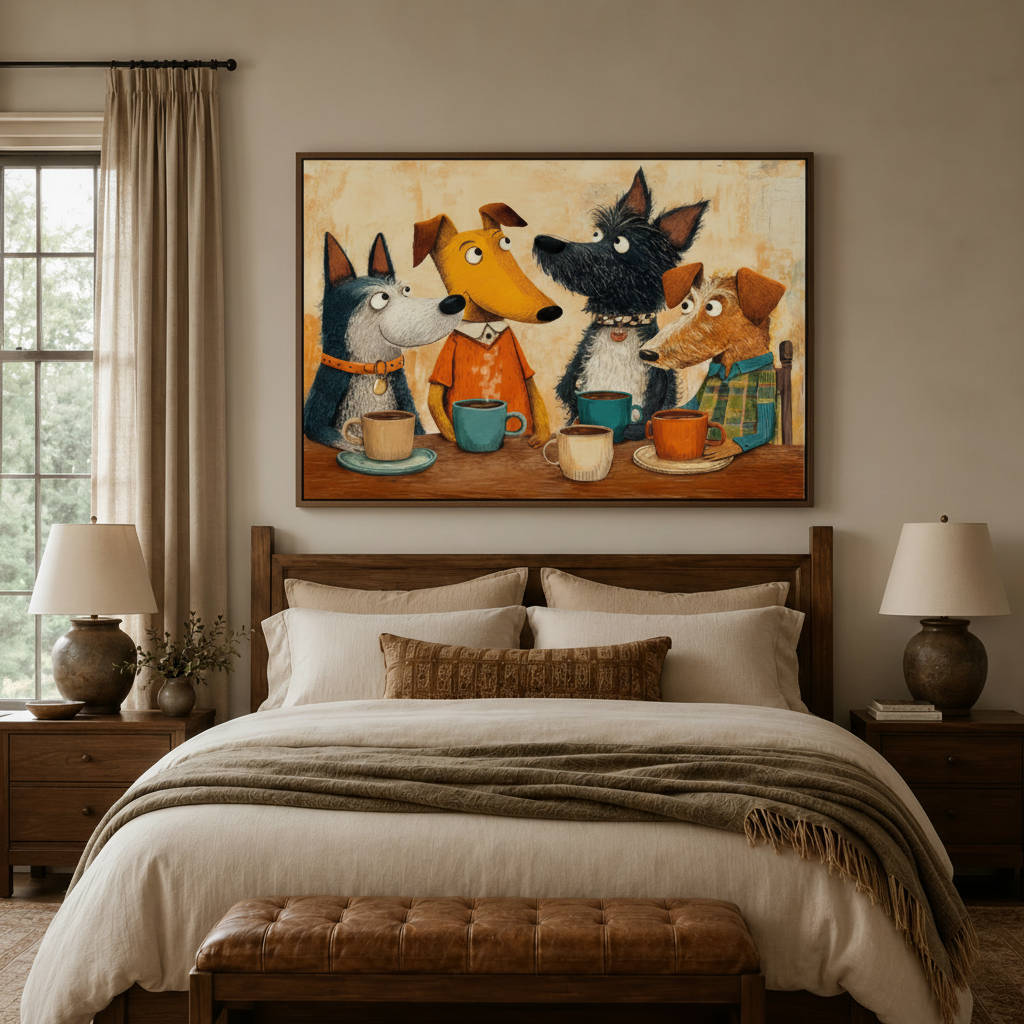 Pop art dogs coffee canvas in float frame above dark walnut bed in cozy master bedroom