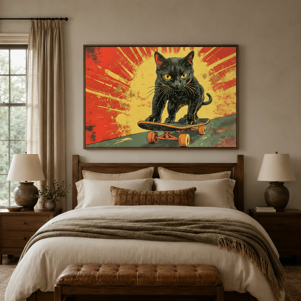 Vintage street poster cat canvas in floater frame above a cozy bedroom headboard