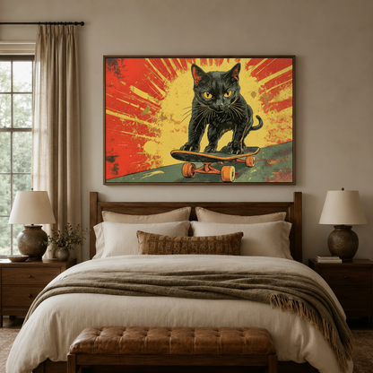 Vintage street poster cat canvas in floater frame above a cozy bedroom headboard