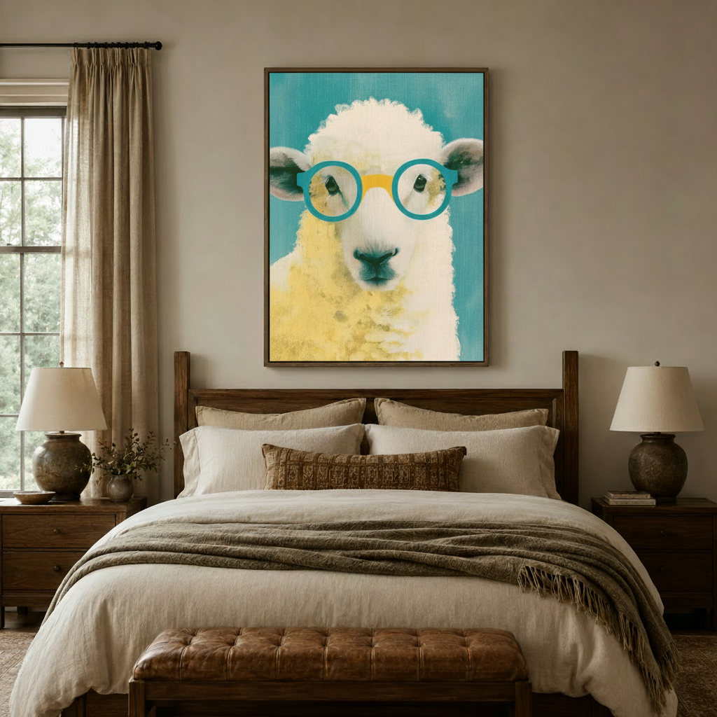 Sheep in glasses canvas print above a wooden bed in a warm neutral bedroom