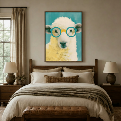 Sheep in glasses canvas print above a wooden bed in a warm neutral bedroom