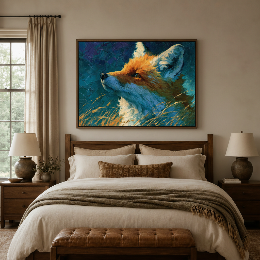  Framed impressionist fox wall art hung above a bed in a warm earthy-toned bedroom