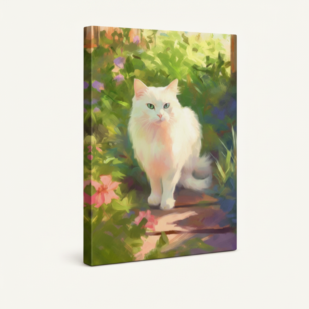 Side angle view of gallery-wrapped canvas showing white cat among pink flowers and lush green garden foliage
