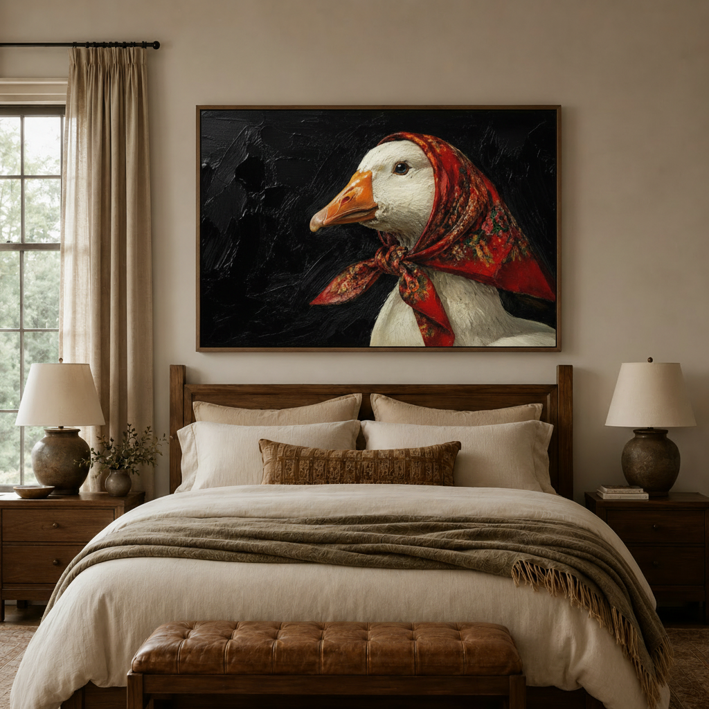  Whimsical goose oil painting canvas art in walnut frame above bed in warm neutral bedroom