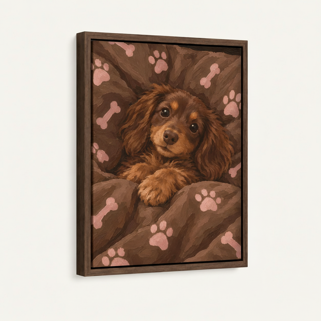 Spaniel puppy snuggled in blanket canvas in dark walnut float frame, 3/4 angle showing frame depth