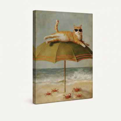  Funny cool cat beach umbrella gallery wrap canvas side view no frame with visible depth on off-white background
