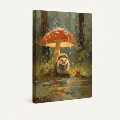 Gallery-wrapped woodland hedgehog reading canvas with rich impasto texture and artwork wrap edges visible